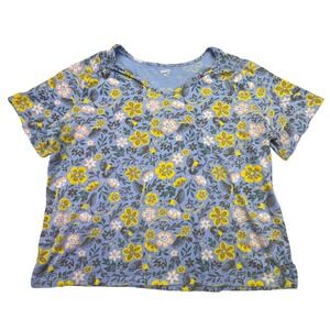 Duluth Shirt Women's XXL Retro Floral Bird V Neck T-Shirt Blue Yellow Pink